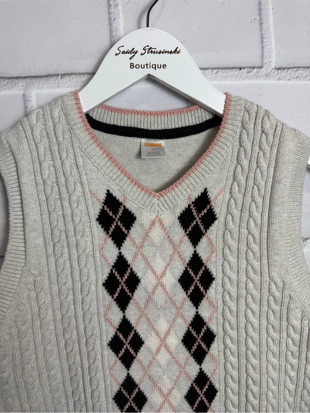 Gymboree Boys Cable Knit Argyle Sweater Vest Size 12 100% Cotton